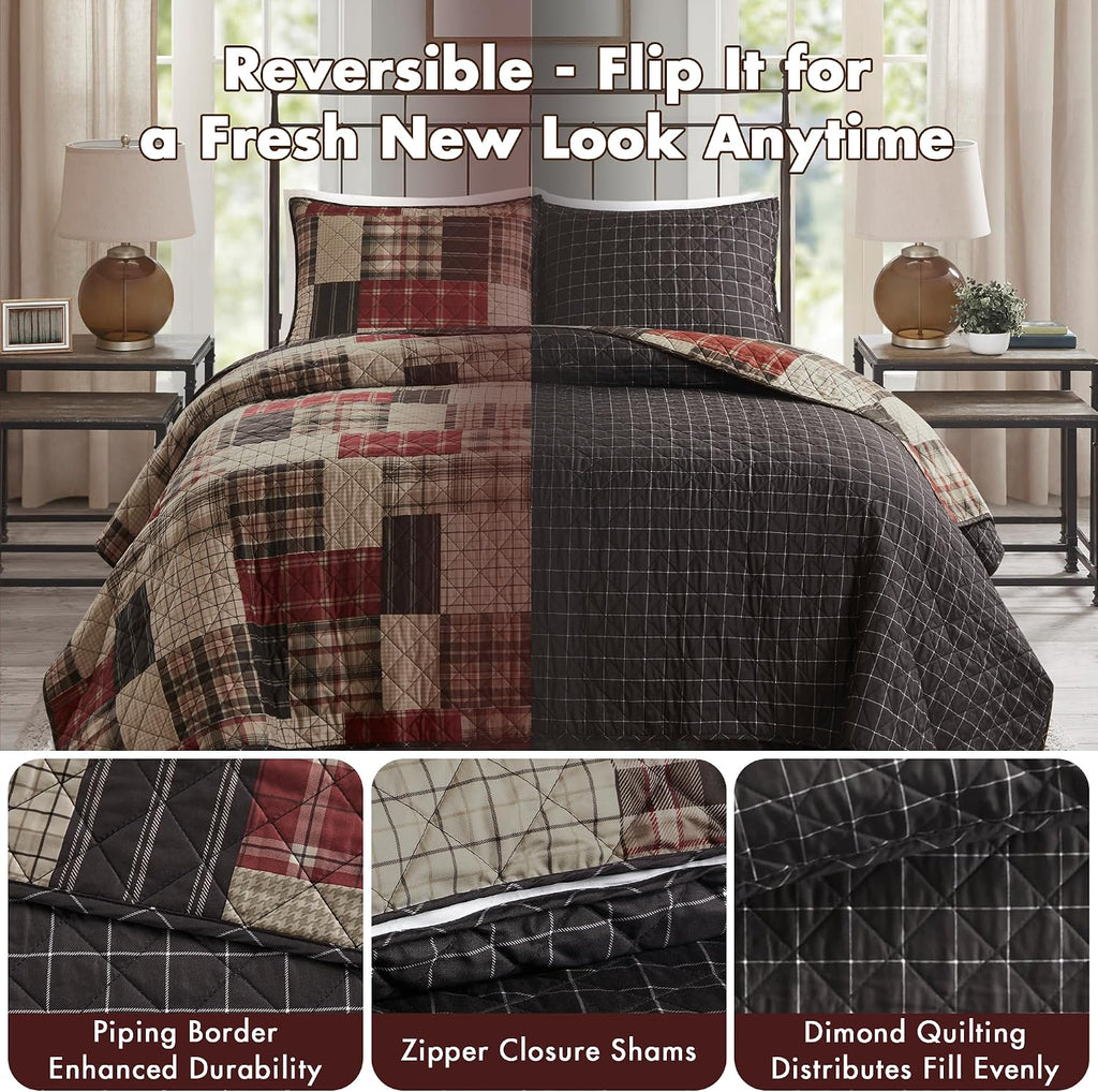 Queen Quilt Set Patchwork Farmhouse, Diamond Quilting Reversible Coverlet Set for Queen Bed, Plush Cotton Filled