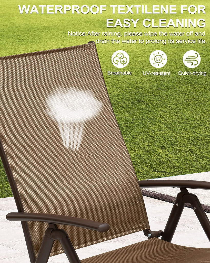 Lounge Chair Outdoor, Folding Pool Chaise Chairs Set of 2 (Brown) | Rust-Resistant Aluminum Frame, 8-Position