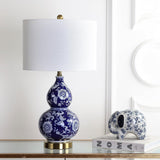 27" Blue/White Ceramic Chinoiserie Table Lamp, Traditional Floral Double Gourd Vase Lamp with White Linen Drum Shade