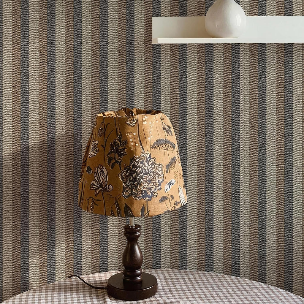 Textured Fabric Wallpaper Peel and Stick Large Size 26"x400" Black/Brown/Grey Stripes Printed Grasscloth Look Wall