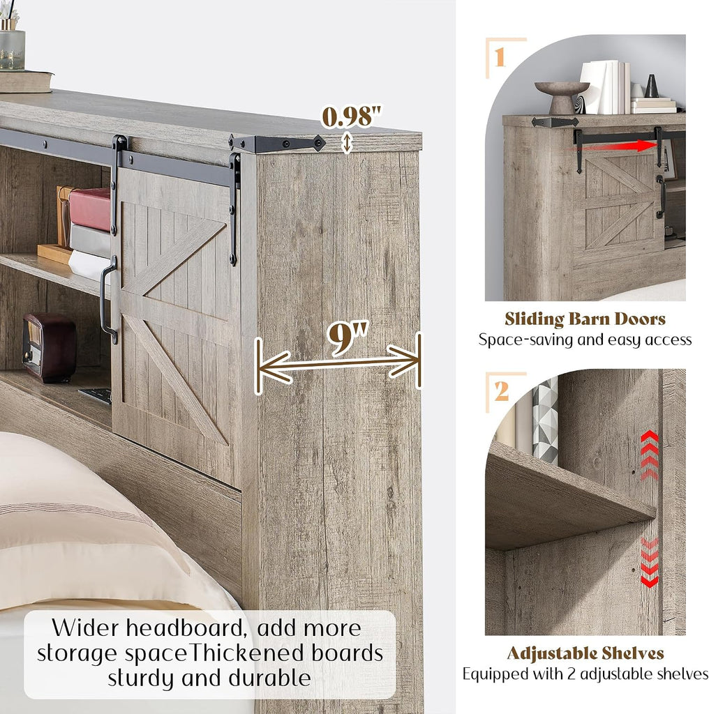 Farmhouse Full Bed Frame with Storage Headboard & Charging Station, Rustic Wood Platform Bed with Barn Door Bookcase
