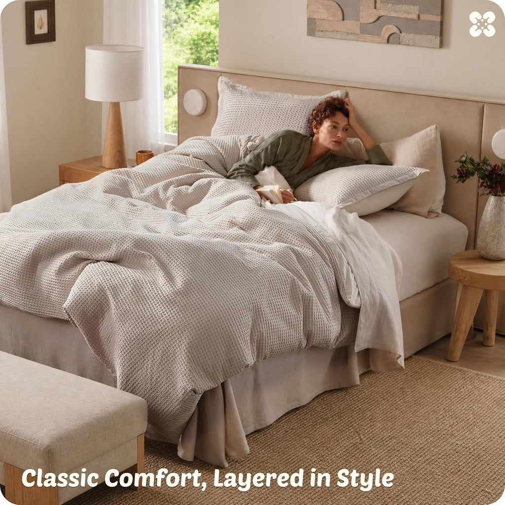 Cotton Duvet Cover - 100% Cotton Waffle Weave Linen Color Duvet Cover, PureWoven Breathable Bedding Set