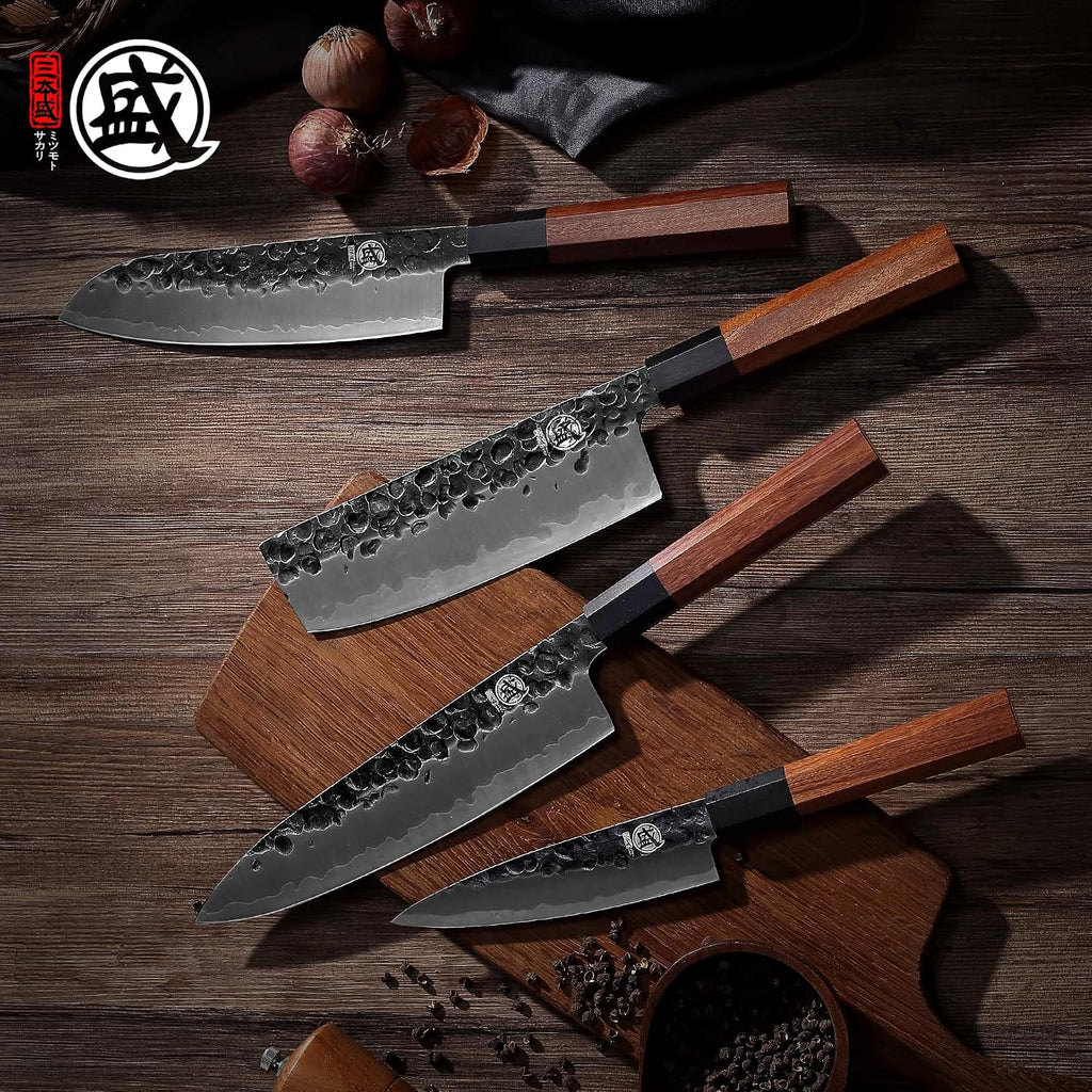 4-Piece Japanese Chef Knife Set, San-Mai 9Cr18MoV | Gyuto Santoku Nakiri Paring, Deep-Cryo Heat Treatment, Tsuchime