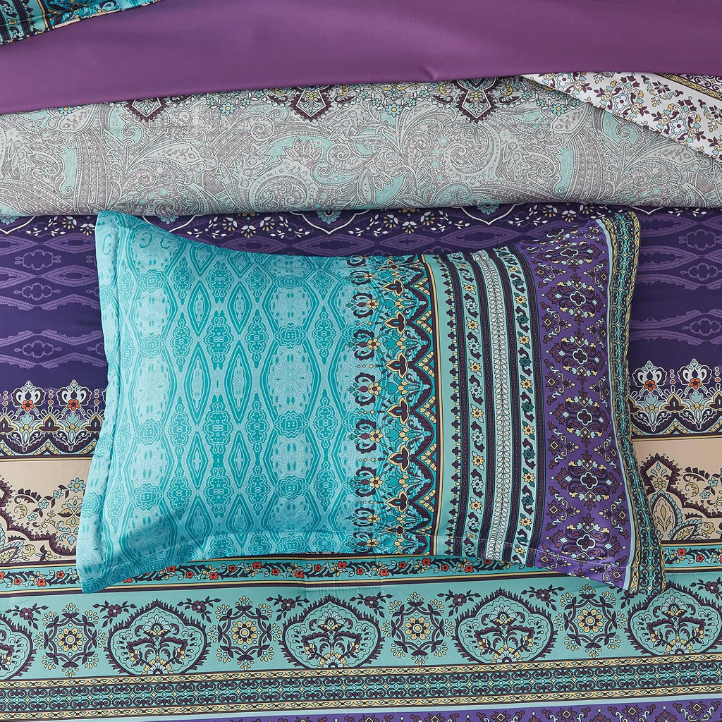 Boho Comforter Set 8 Piece Bed in a Bag Bohemian Striped Bedding Quilt Set Aqua Paisley Floral