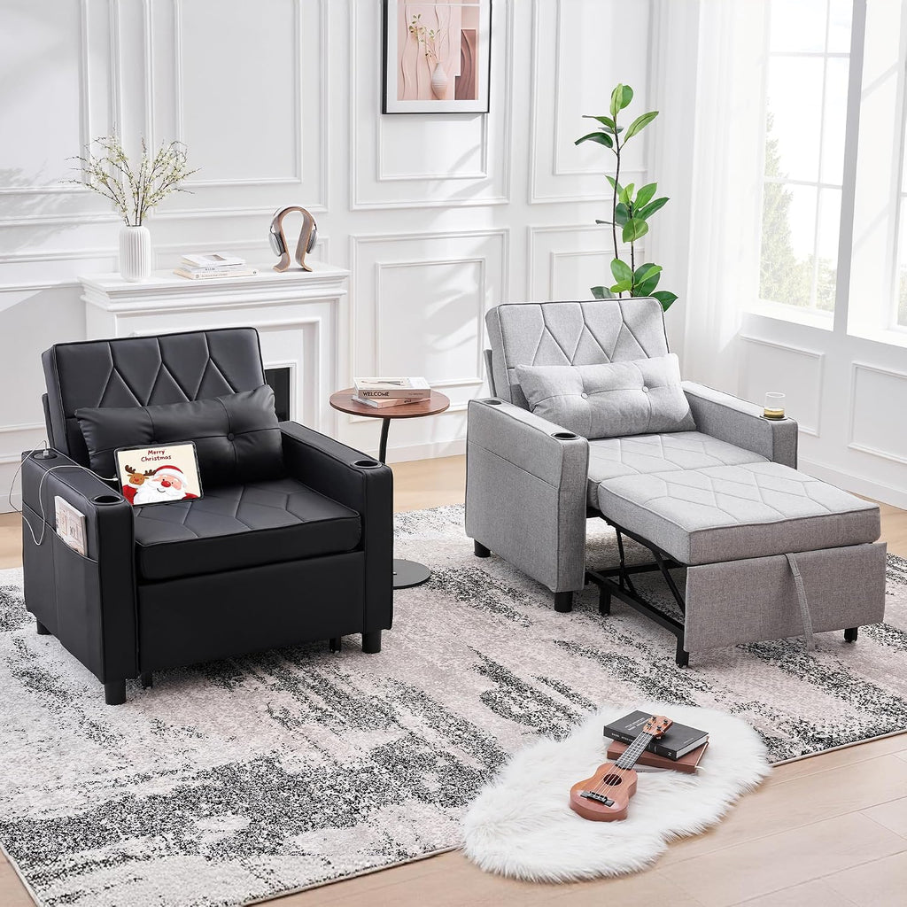 Faux Leather Convertible Sleeper Chair Bed, Single Pull Out Sofa, Black | , 3-in-1, USB & Type-C Charging Ports, Cup