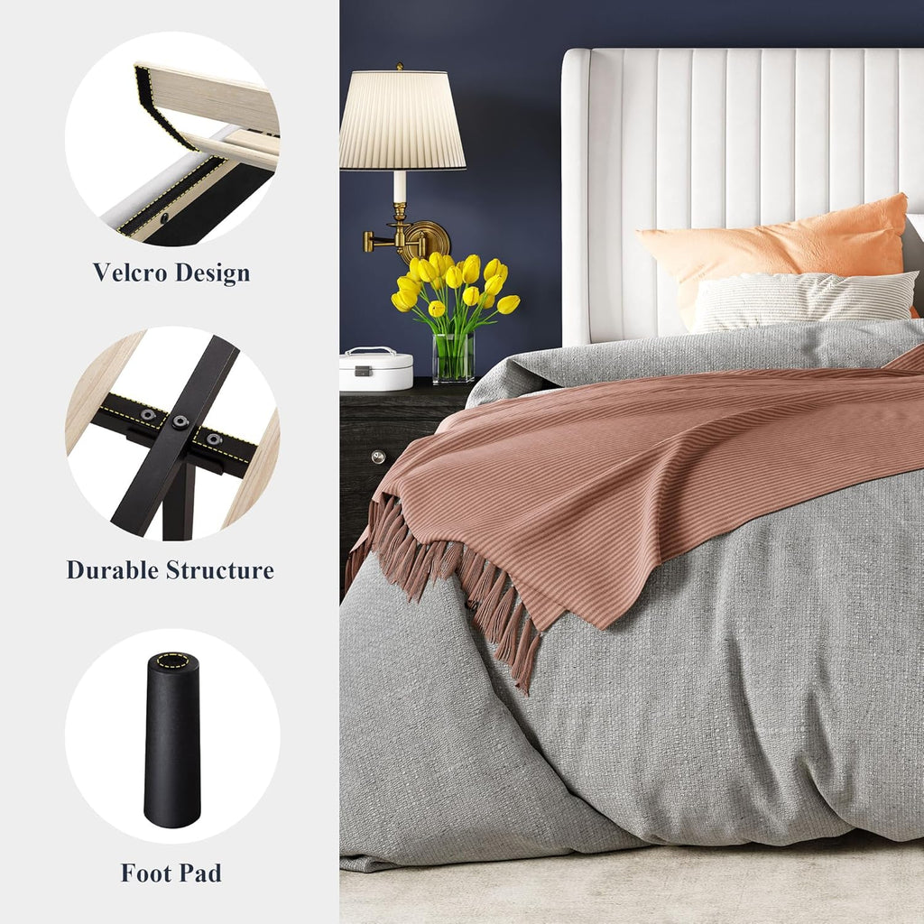 Queen Velvet Bed Frame/Vertical Channel Tufted Wingback Headboard/Upholstered Platform Bed/Strong Wooden Slats/No Box