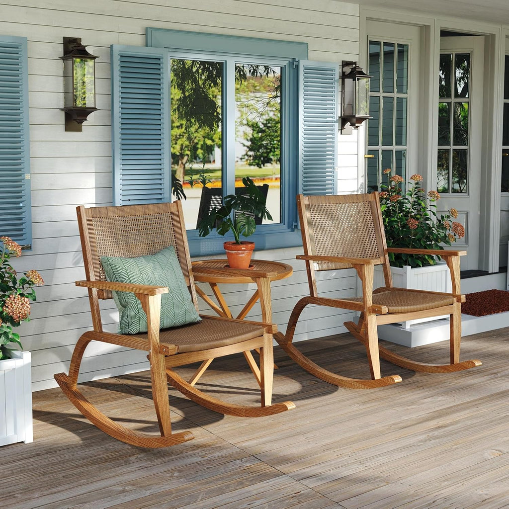 Acacia Wood Outdoor Rocking Chair Set of 2, Natural Wicker Outdoor Rockers with Wicker Rattan Seat & Backrest, 400