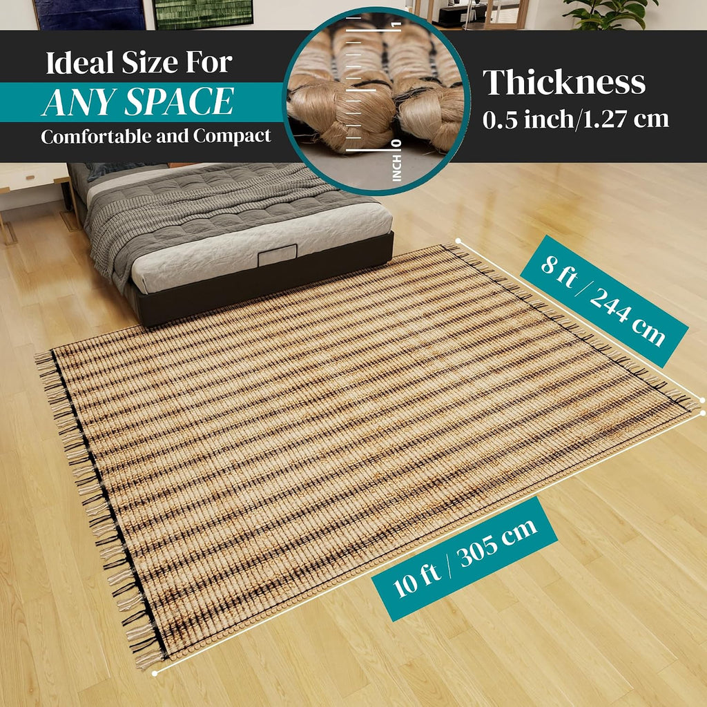 Jute Area Rug 8x10 ft - Soft Handwoven Striped Natural Fiber Rug, Eco-Friendly Braided Indoor Floor Mat, Non-Slip