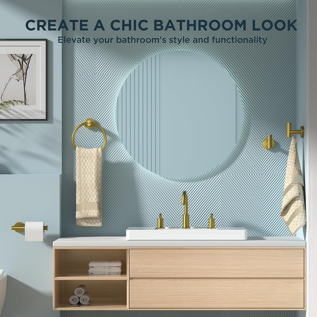 Bathroom Accessories Set, 4-Piece Bathroom Hardware Set | Brushed Gold | SUS304 Stainless Steel Towel Ring, 2 Towel