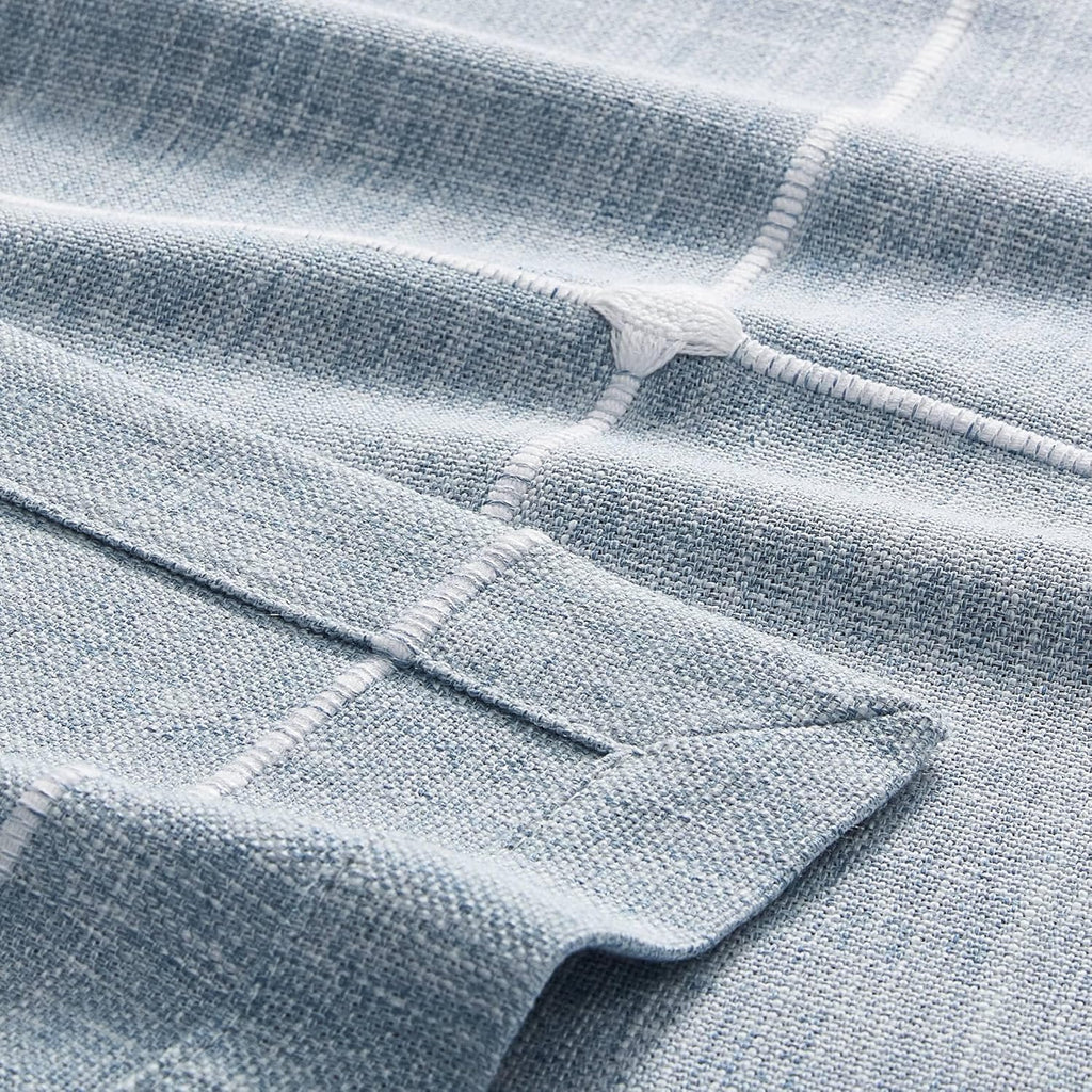 Grid Embroidered Hemmed Tablecloths, Blue 60x120 Inch, Farmhouse Style Heavy Weight Cotton Linen Dus