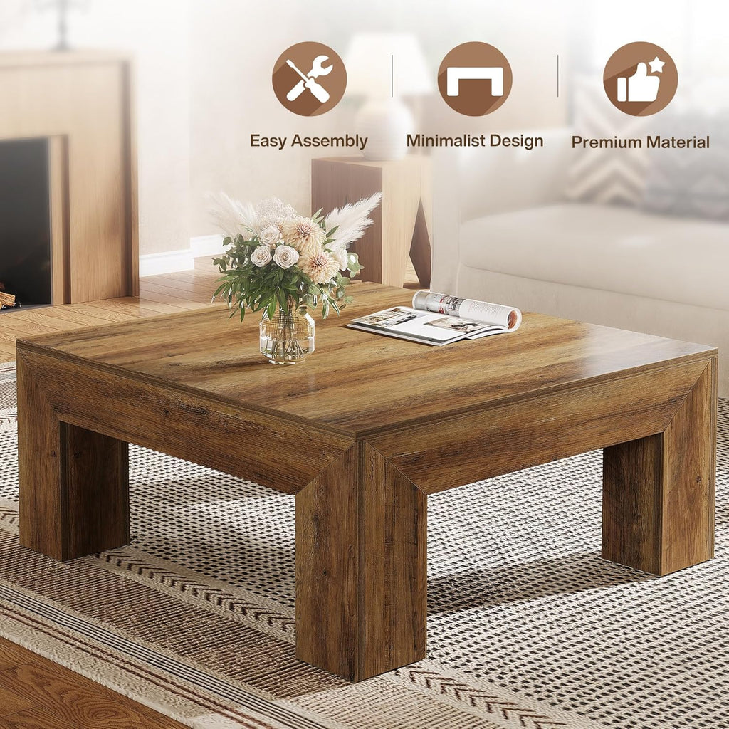 39.4-Inch Square Coffee Table, Farmhouse All MDF Accent Center Cocktail Table with Sturdy Wooden Legs, Easy Assembly