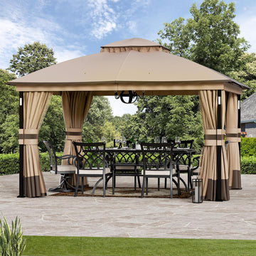 Patio Gazebo 11'x13' with LED Lights & Bluetooth Speaker, Heavy Duty Outdoor Canopy Shelter with Metal Frame - Khaki
