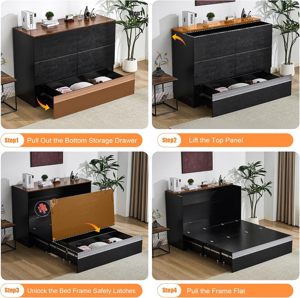 Full Murphy Bed with Storage Drawer,Smart LED Lighting,Built-in 2 Charging Stations, Space-Saving Cabinet Bed for