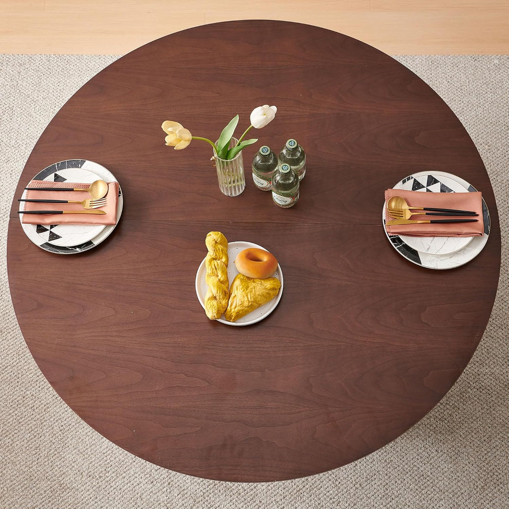 47 Inch Round Dining Table with Walnut Veneer, Rustic Farmhouse Style Kitchen Dinner Table for 4 - 6 People, MDF Core