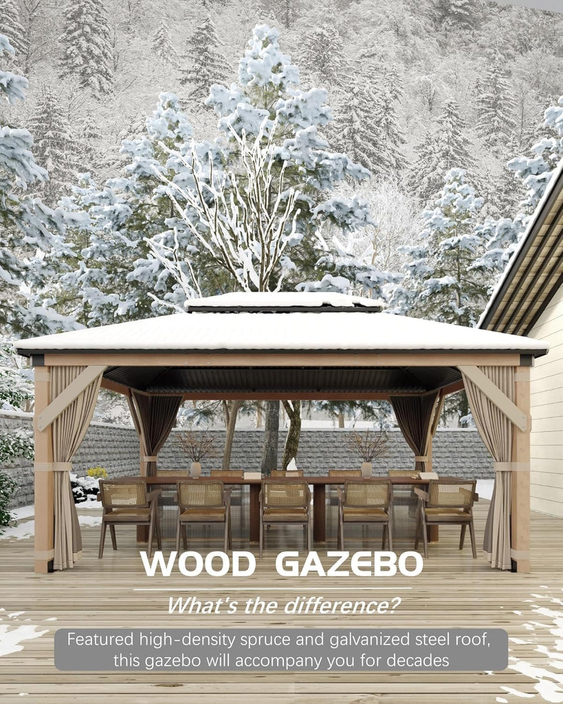 10x12 ft Hardtop Wood Gazebo for All Weather, Double Metal Roof, Heavy Duty Cedar Frame, Curtains & Netting