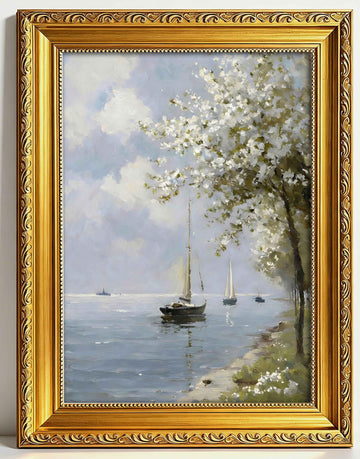 Framed Coastal Sailboat Canvas Wall Art Vintage Beach Relaxation Cherry Blossom Decor Picture Balcony Bedroom Living