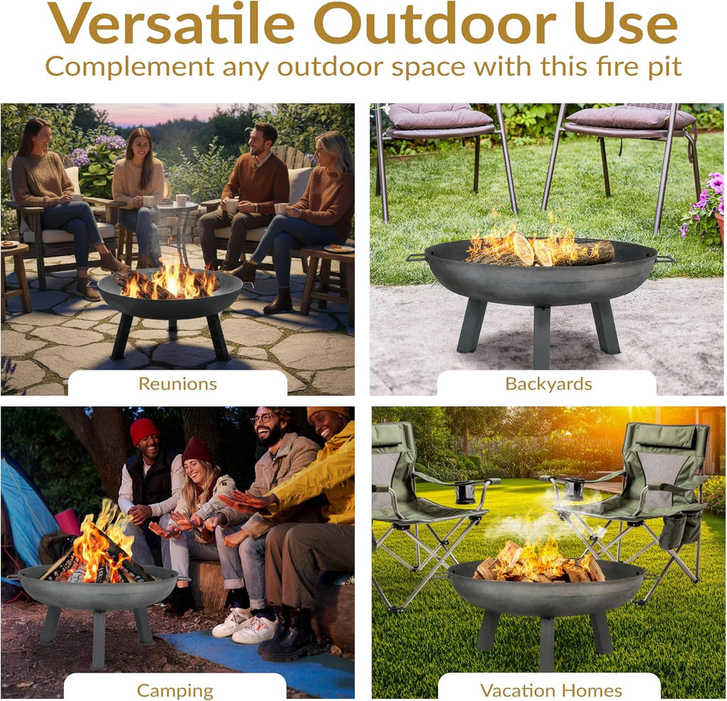 30 Inch Cast Iron Fire Pit Bowl - Wood Burning Outdoor with Handles - Gray