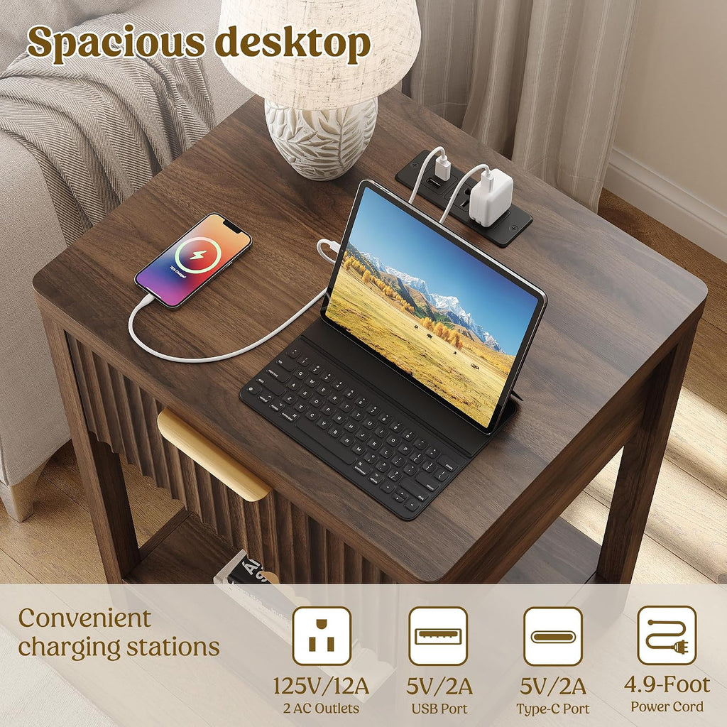 Night Stand Set 2, Fluted Nightstand with Charging Station, Wood Modern Bedside End Table with Storage Drawer , Save