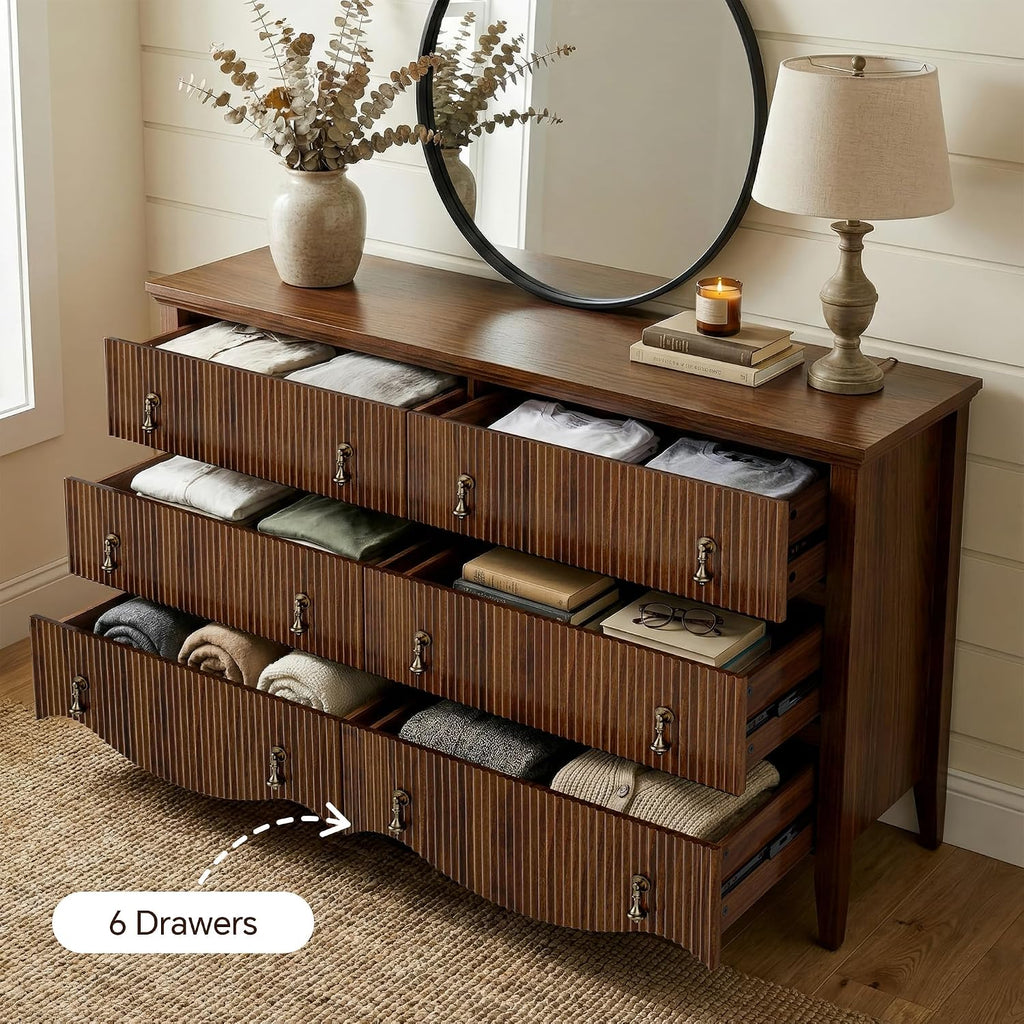 6-Drawer Fluted Dresser, Wide Double Chest of Drawers,Walnut | Fluted Design, Horizontal Chest of Drawers