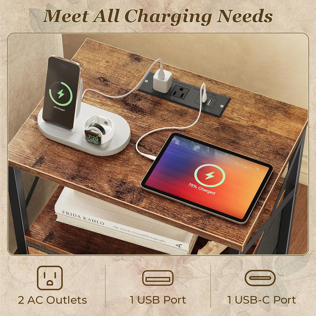 Nightstands Set of 2, Night Stand with Charger Station, 2 Drawer Side Table with Open Shelf, USB-C Port, End Table