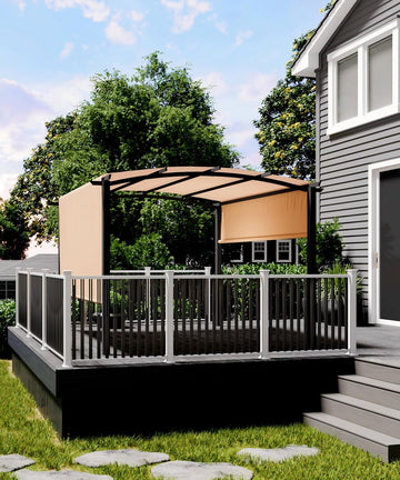 10 x 10 ft Outdoor Arched Pergola, Metal Pergola with Retractable Canopy, Arched Style Gazebos for Backyard