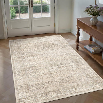 3x5 Washable Area Rugs Vintage Floral Non Slip Entryway Rug Beige