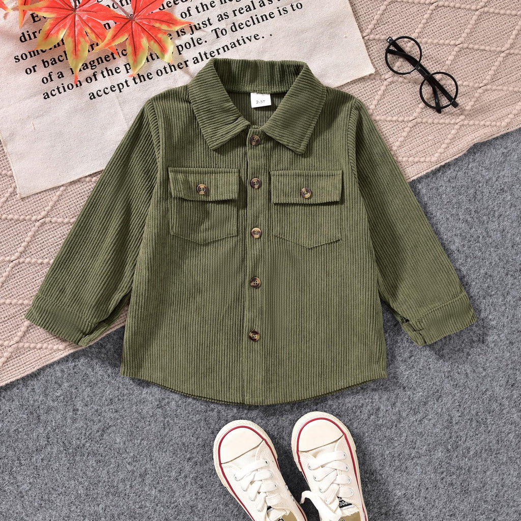 Toddler Boy Fall Clothes Corduroy Long Sleeve Button Down Lapel Collared Shacket Jacket White T-shirt Cargo Pants