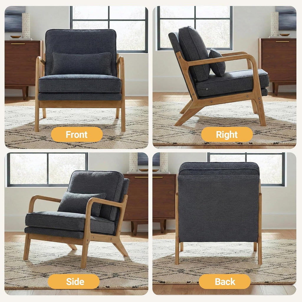 Modern Accent Chair Mid Century Wooden Upholstered Armchair with Lumbar Pillow & Removable Soft Cushion, Reading