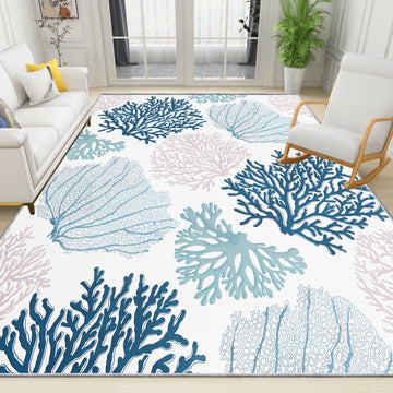 Coastal Area Rug Beach Rugs Non-Slip Nautical Coral Machine Washable Rugs Modern Floor Carpet Laundry Bedroom Living