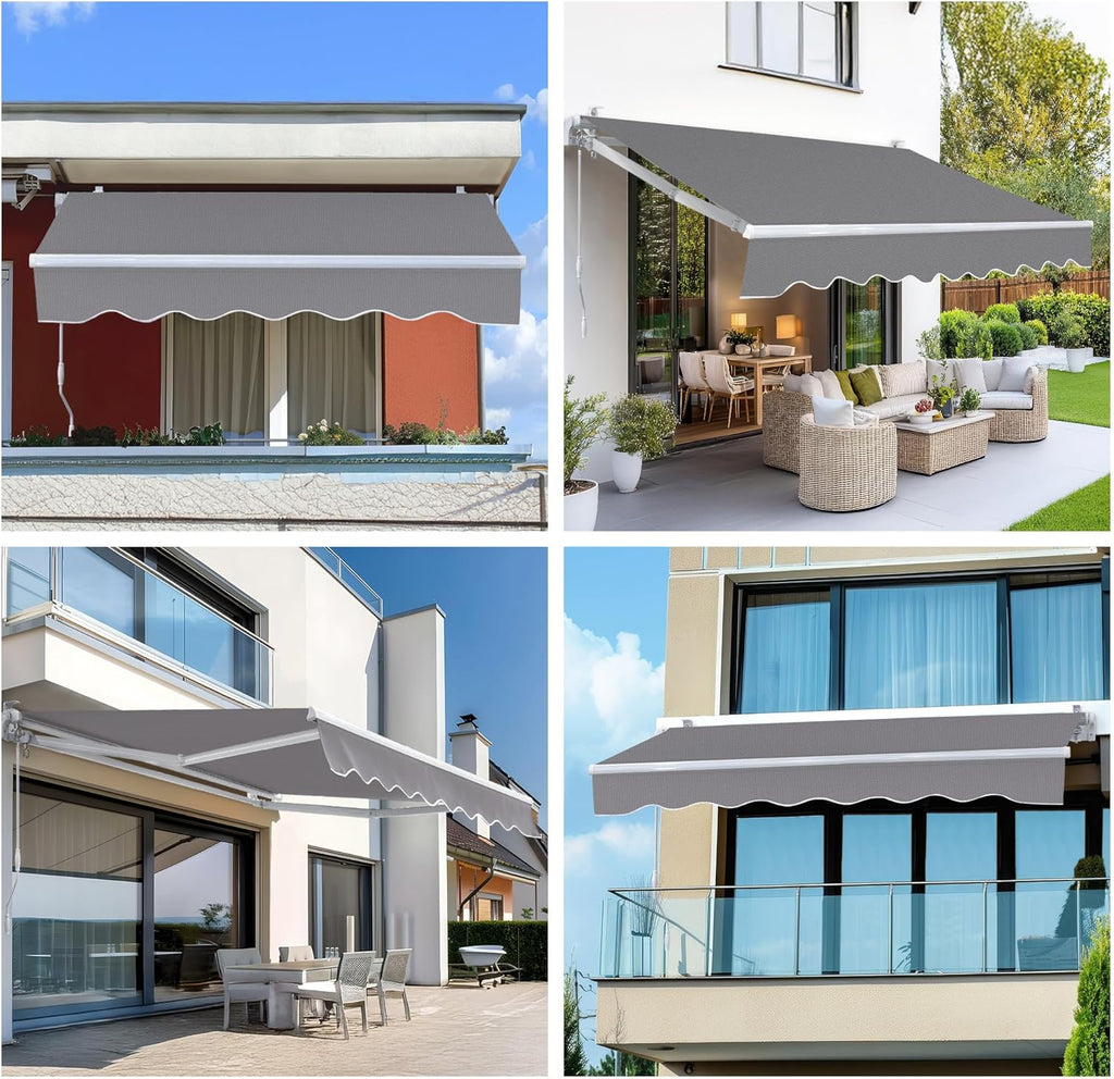 9.8'x8.2' Patio Awning Retractable Fully Assembled, Grey | Manual Sunshade Shelter Outdoor Deck Canopy Balcony Awning