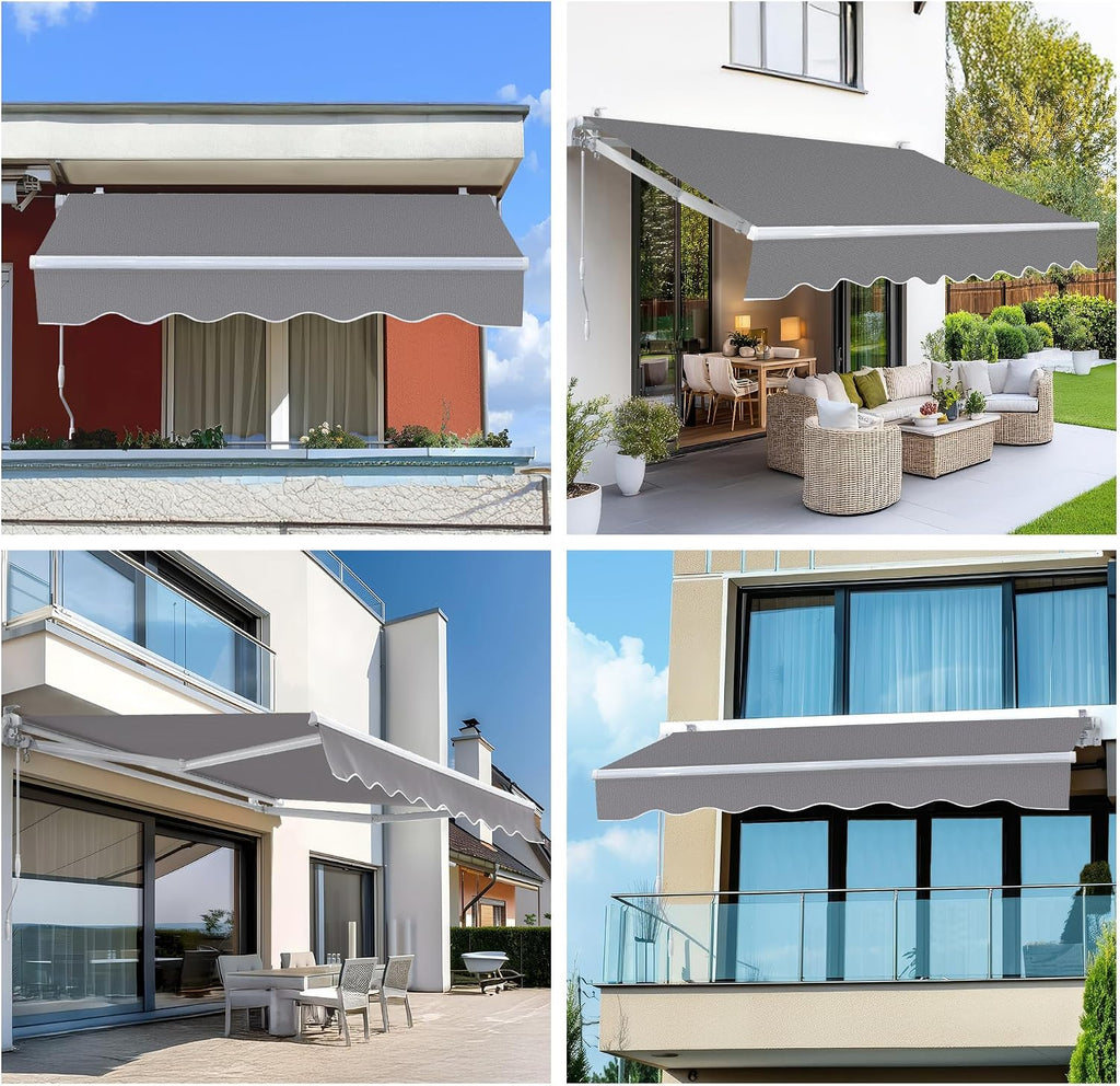 8.2'x6.5' Patio Awning Retractable Fully Assembled, Grey | Manual Sunshade Shelter Outdoor Deck Canopy Balcony Awning