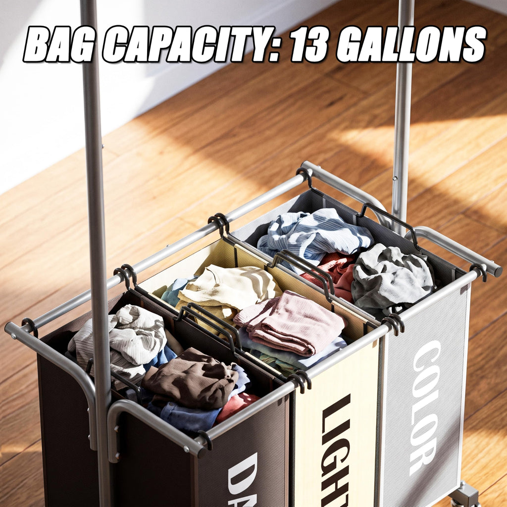3 Bags Laundry Sorter Cart with Hanging Rod, Multi Color