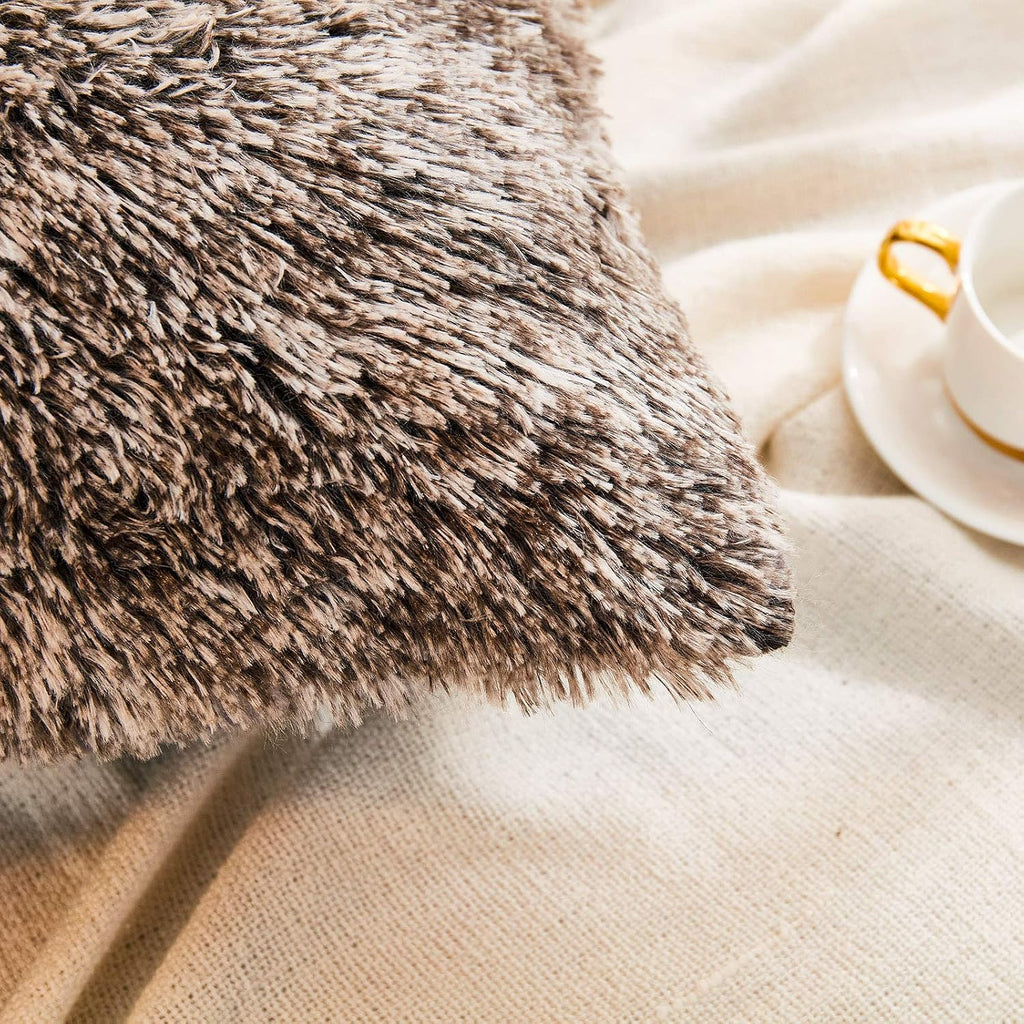 Faux Fur Decorative Throw Pillow Shams 2 Pack Luxury Shaggy Pillowcases Crystal Velvet Reverse Queen (Dark Grey