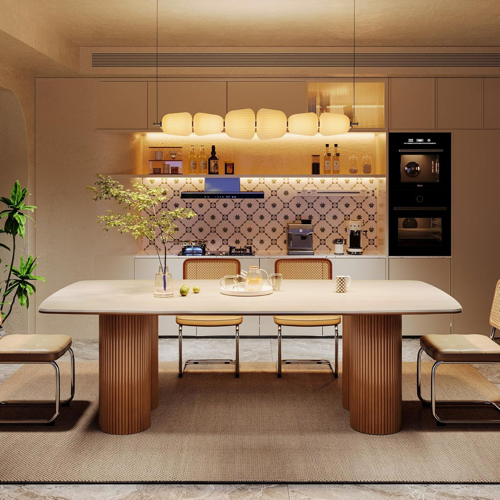 78.7" Sintered Stone Dining Table for 8-10，Luxury Rectangular Kitchen Table with Solid Wood Legs, Mid-Century Dining
