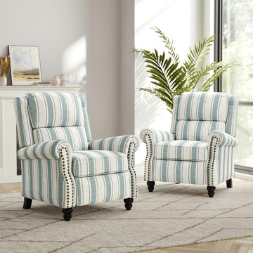 Recliner Chair, Modern Pushback Armchair with Adjustable Backrest & Footrest (Blue Stripe,Set of 2)