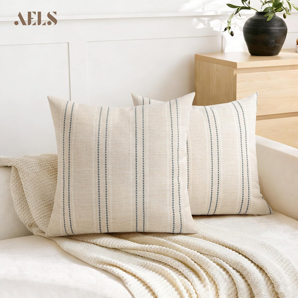 18x18 Decorative Farmhouse Linen Blend Throw Pillow Covers, Boho Textured Pillow Case, Set of 2, Beige with White & Gray Stitch Yarn Dyed Stripe Cushion Cover for Sofa Living Room (Cover ONLY)