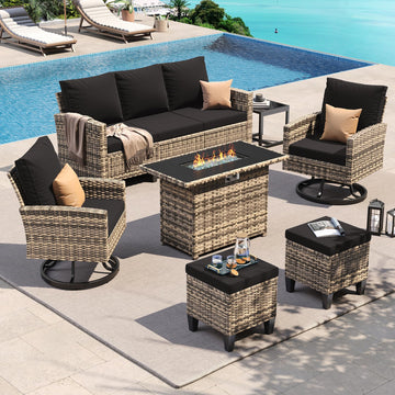Patio Furniture Set, Fire Table, Swivel Chairs, 7 Pcs Black/Yellow