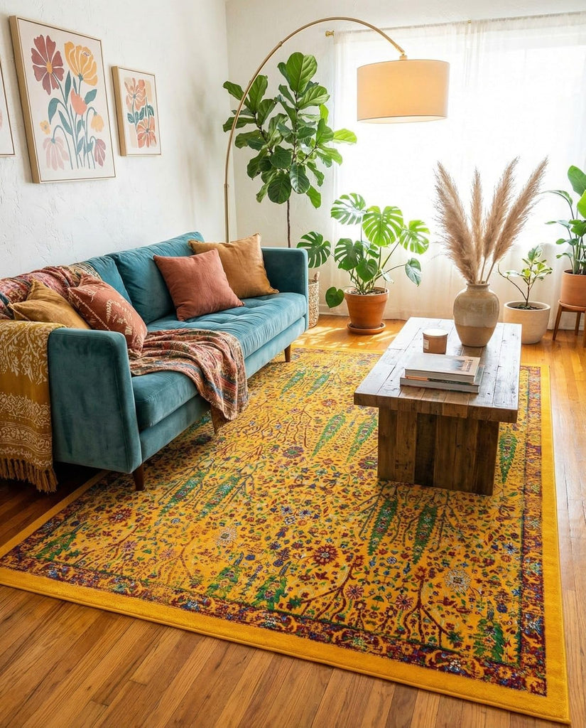 Calypso Rug - 7' 10 x 10' Yellow Area Rug - Stain-Resistant Botanical Design