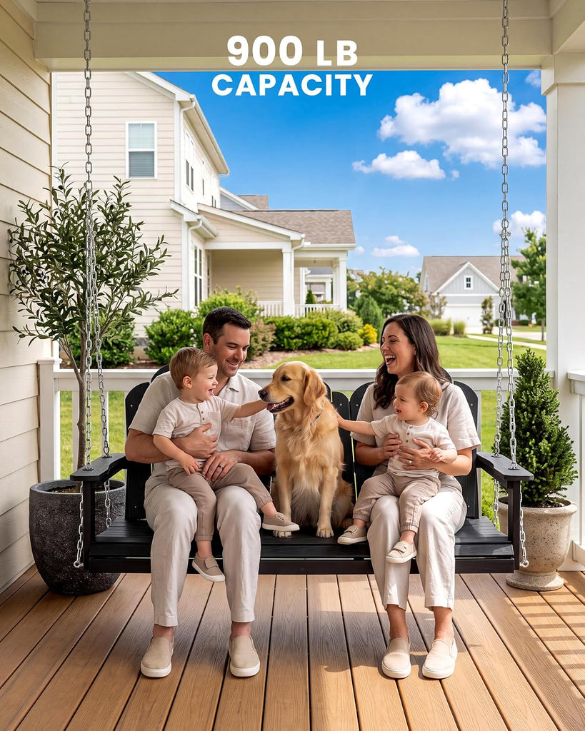 3 Seat Porch Swing with Tray, HDPE Wood Gra Swing, Black | Fits a family or three adults; fold-down center console