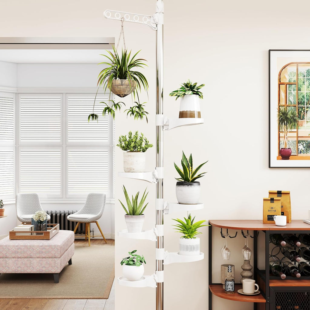 Plant Stand 7-Tier Tension Pole Metal Flower Rack Corner Ivory | Spring Loaded Pole,No Drilling Required ,Adjustable
