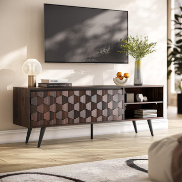 Georgina 65 Inch Solid Wood TV Stand, Under 10 Minutes Assembly Entertainment Center with Storage, Geometric Pattern