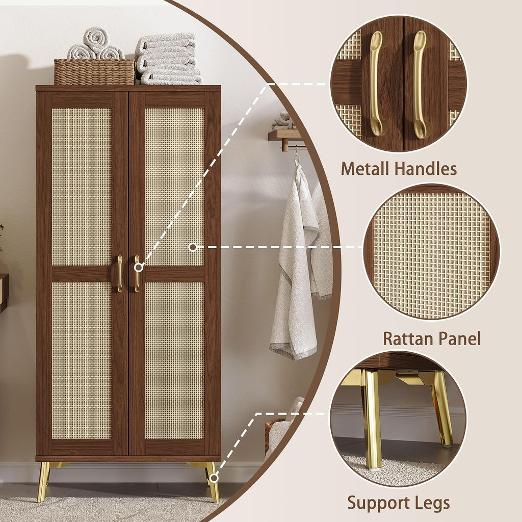 Tall Bathroom Storage Cabinet 57" Rattan Pantry Cabinet, Walnut | With Doors and Adjustable Shelves, Freestanding