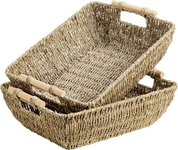Hand-Woven Jumbo Storage Baskets with Wooden Handles, Seagrass Wicker Baskets for Organizing, 2-Pack