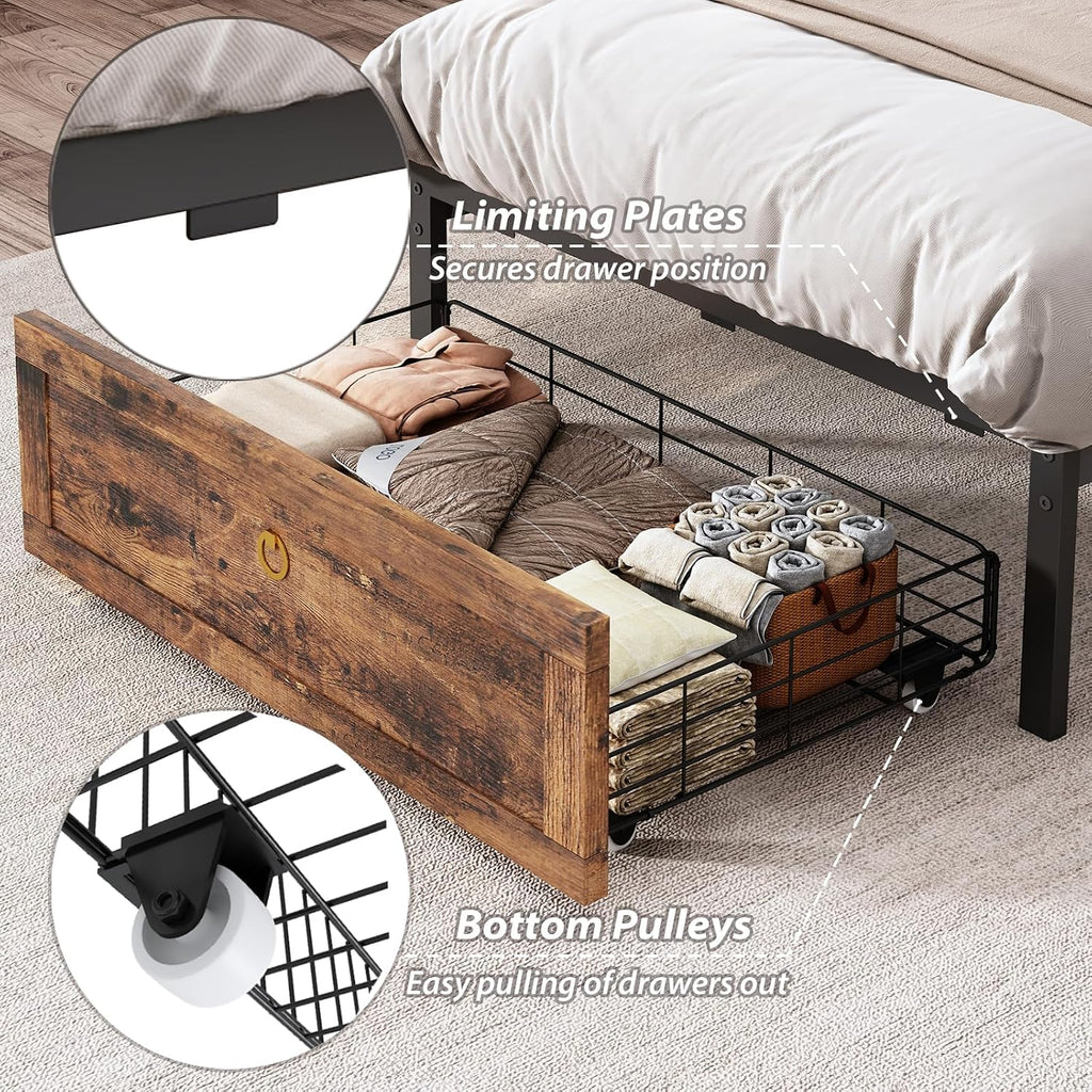 Twin Bed Frame with Storage Headboard and Drawers, Farmhouse Platform Bed Frame with Charging Station & LED Lights