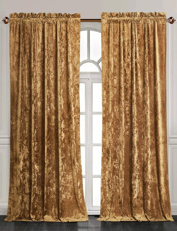 Lux Caramel Gold Crushed Velvet Curtains 2 Panel Set - 96 inches Long Room Darkening Luxury Distressed Velvet Rod