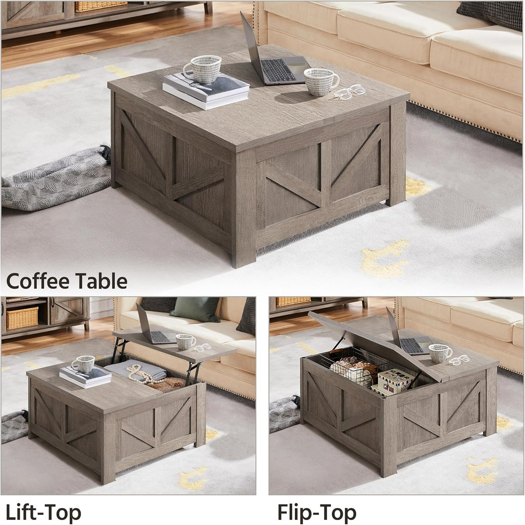 Lift Top Coffee Table, Square Farmhouse Coffee Table with Hidden Storage Compartment, Wood Center Table, Gray