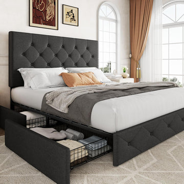 Upholstered Queen Platform Bed Frame with 4 Storage Drawers and Headboard, Diamond Stitched Button Tufted