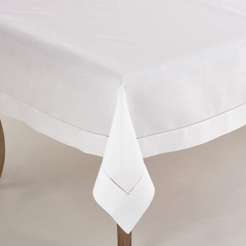 White Polyester Special Occasion Holiday Dining Tablecloth Handmade Hemstitched Border 70" X 160"