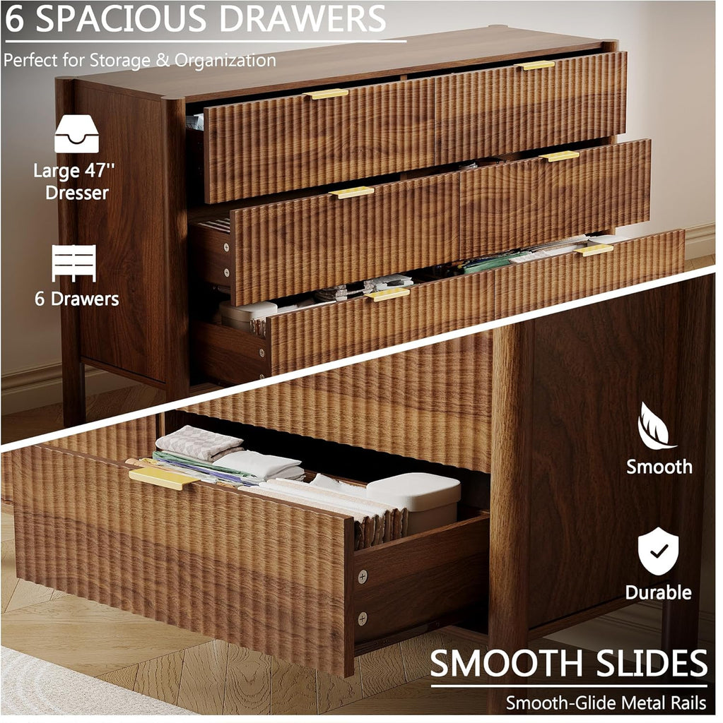 55" Wide 6-Drawer Fluted Dresser , Mid-Century Modern Chest with Solid Wood Legs, Large Storage Organizer,Metal