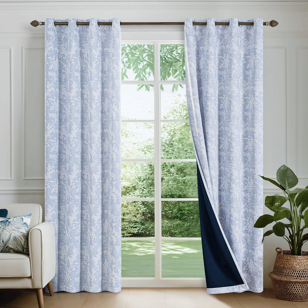 Blue Floral Jacquard Blackout Curtains, 52X90 Inches, 2 Panels